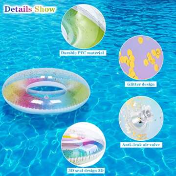 Elcoho 6 Packs Kids Pool Floats Inflatable Pool Floats Colorful Sparkling Glitter Swim Rings with Sequined Beach Ball and Pump for Beach, Party Supplies