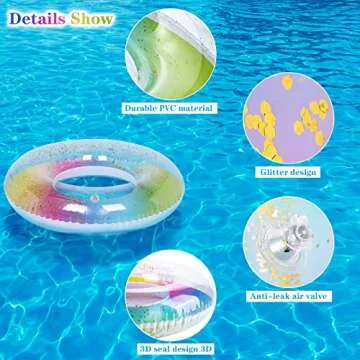 Elcoho 6 Packs Kids Pool Floats Inflatable Pool Floats Colorful Sparkling Glitter Swim Rings with Sequined Beach Ball and Pump for Beach, Party Supplies