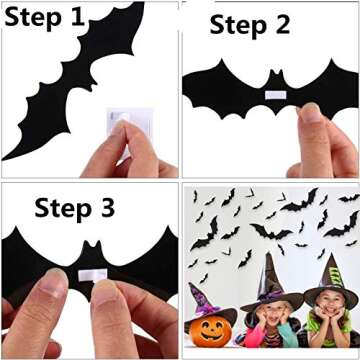 Berry USA Halloween Decorations Bat Wall Decals Stickers Decor 120 Pack, Extra Large 3D Bats Window Decals, Bat Halloween Door Decor，Black