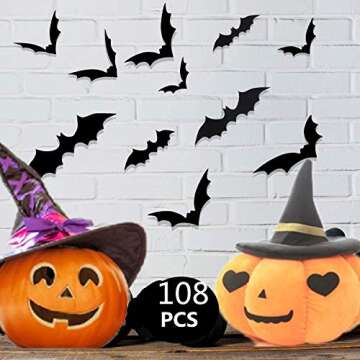 Berry USA Halloween Decorations Bat Wall Decals Stickers Decor 120 Pack, Extra Large 3D Bats Window Decals, Bat Halloween Door Decor，Black