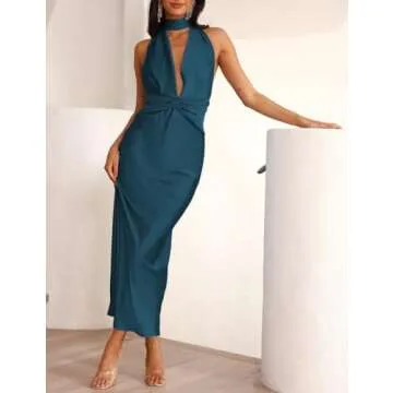 Summer Sexy Satin Backless Halter Maxi Dress for Women Elegant Sleeveless V Neck Twist Wedding Guest Dresses Cocktail Teal