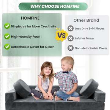 HOMFINE 16pcs Modular Kids Play Couch, Kids Toddler Couch, Child Sectional Sofa, Versatile Kid Couch for Playroom Bedroom, Convertible Foam and Floor Cushion for Boys and Girls, Dark Grey