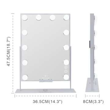 FENCHILIN White Vanity Mirror with Lights Wireless Charger and Speaker Hollywood Makeup Mirror with 12 Dimmable Bulbs 3 Color for Glam Room Bedroom Detachable 10X Magnification