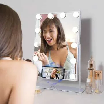 FENCHILIN White Vanity Mirror with Lights Wireless Charger and Speaker Hollywood Makeup Mirror with 12 Dimmable Bulbs 3 Color for Glam Room Bedroom Detachable 10X Magnification