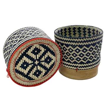 PANWA Bamboo Sticky Rice Serving Basket Thai Kratip Container 100% Handmade Traditional Village Handicrafts with Vegetable Plant Based Dye Coloring Shades Food Safe (Charcoal)