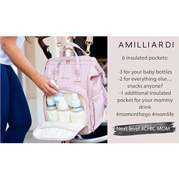 AMILLIARDI Diaper Bag Backpack - 6 INSULATED Bottle Holders - Detachable Stroller Straps (Light Pink)