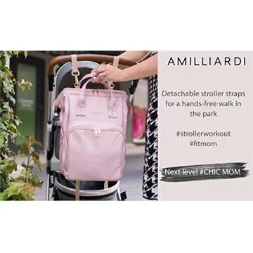 AMILLIARDI Diaper Bag Backpack - 6 INSULATED Bottle Holders - Detachable Stroller Straps (Light Pink)