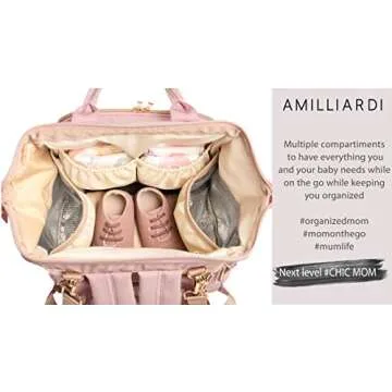 AMILLIARDI Diaper Bag Backpack - 6 INSULATED Bottle Holders - Detachable Stroller Straps (Light Pink)