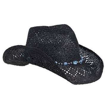 Vamuss Straw Cowboy Cowgirl Hat for Women with Beaded Trim and Shapeable Black-Blue