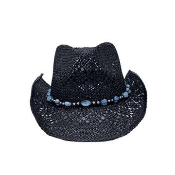 Vamuss Straw Cowboy Cowgirl Hat for Women with Beaded Trim and Shapeable Black-Blue