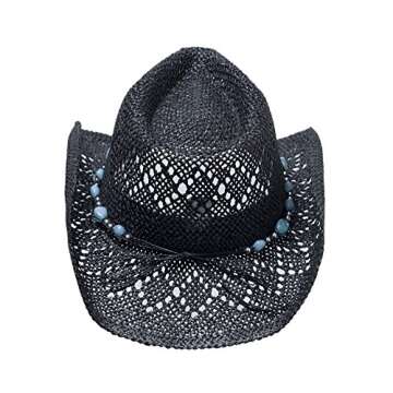 Vamuss Straw Cowboy Cowgirl Hat for Women with Beaded Trim and Shapeable Black-Blue