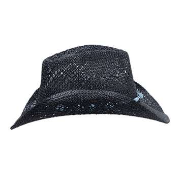 Vamuss Straw Cowboy Cowgirl Hat for Women with Beaded Trim and Shapeable Black-Blue