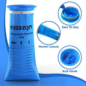 RAZAZON Vomit Bags Disposable for Car - 50 Pack - Emesis Bags Medical Grade, Leak Resistant, Portabl...