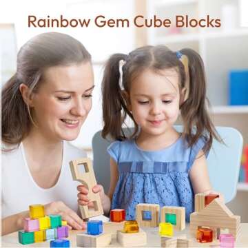 Woodtoe Wooden Rainbow Building Blocks Set for Kids | 22 PCS Wooden Blocks & 25 PCS Acrylic Gem Cube...