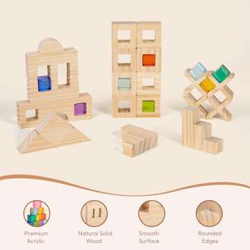 Woodtoe Wooden Rainbow Building Blocks Set for Kids | 22 PCS Wooden Blocks & 25 PCS Acrylic Gem Cubes Sensory Toys | Montessori Stacking Toys for Toddlers | Educational STEM Toys for Boys Girls 3-6
