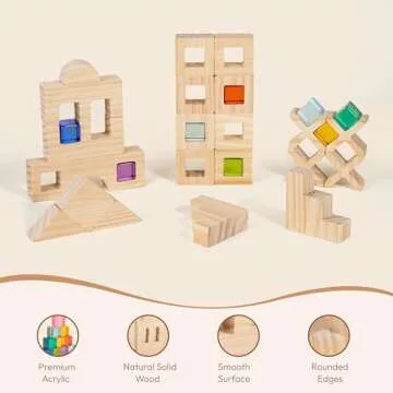 Woodtoe Wooden Rainbow Building Blocks Set for Kids | 22 PCS Wooden Blocks & 25 PCS Acrylic Gem Cubes Sensory Toys | Montessori Stacking Toys for Toddlers | Educational STEM Toys for Boys Girls 3-6