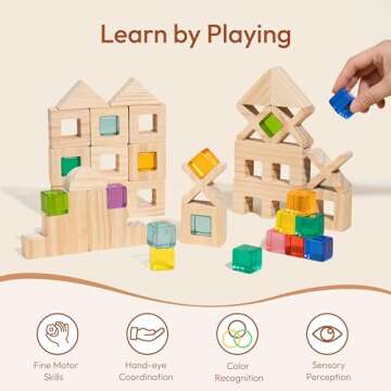 Woodtoe Wooden Rainbow Building Blocks Set for Kids | 22 PCS Wooden Blocks & 25 PCS Acrylic Gem Cubes Sensory Toys | Montessori Stacking Toys for Toddlers | Educational STEM Toys for Boys Girls 3-6
