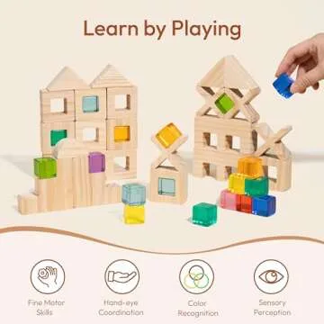 Woodtoe Wooden Rainbow Building Blocks Set for Kids | 22 PCS Wooden Blocks & 25 PCS Acrylic Gem Cubes Sensory Toys | Montessori Stacking Toys for Toddlers | Educational STEM Toys for Boys Girls 3-6