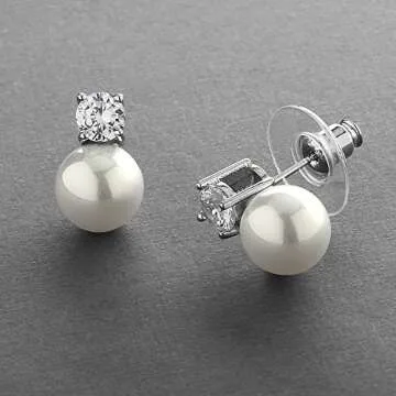 Mariell White Pearl Bridal Earrings with Cubic Zirconia Crystal Top, 9mm White Pearl Stud Earring, Perfect for Brides, Bridesmaids, Wedding Party and Everyday Wear