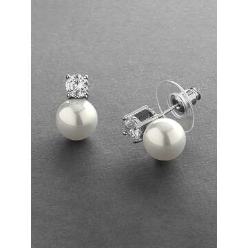 Mariell White Pearl Bridal Earrings with Cubic Zirconia Crystal Top, 9mm White Pearl Stud Earring, Perfect for Brides, Bridesmaids, Wedding Party and Everyday Wear