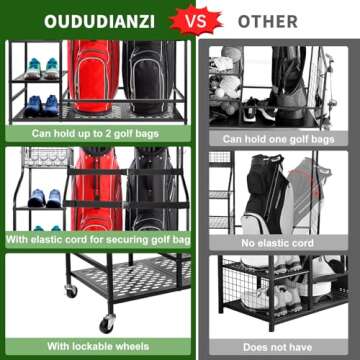 Oududianzi Golf Bag Organizer, Golf Organizer for Garage, Golf Bag Storage Rack for Garage, Golf Storage Organizer for Garage, Golf Bag Stand Fits 3 Golf Bags and Other Golfing Equipment