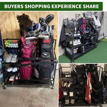 Oududianzi Golf Bag Organizer, Golf Organizer for Garage, Golf Bag Storage Rack for Garage, Golf Storage Organizer for Garage, Golf Bag Stand Fits 3 Golf Bags and Other Golfing Equipment