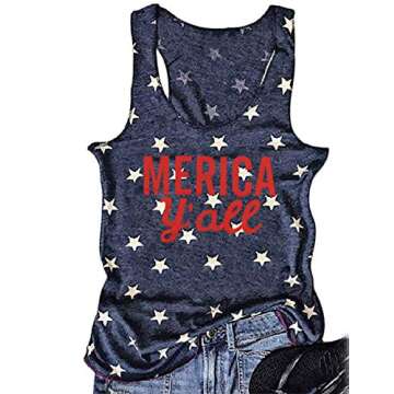 FLOYU Women Tank Top July 4th Merica Y'all Star Sleeveless 4th of July Shirt Tee Cami Tank Size XL (Dark Blue)