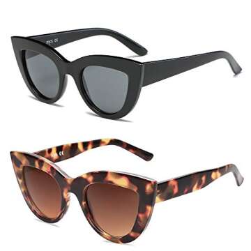 SOJOS 2 Pack Retro Vintage Cateye Sunglasses for Women UV400 Mirrored Lens SJ2939, Black/Grey&Tortoise/Brown