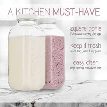 kitchentoolz 32oz Square Glass Milk Bottle with Plastic Airtight Lids, Reusable Dairy Drinking Conta...