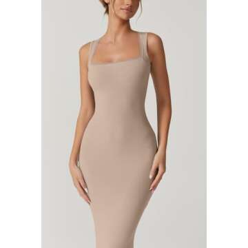 QINSEN Women's Square Neck with Lace Detail Long Maxi Dress Sleeveless Lounge Ribbed Full Length Dre...