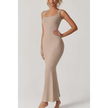 QINSEN Women's Square Neck with Lace Detail Long Maxi Dress Sleeveless Lounge Ribbed Full Length Dresses Khaki M