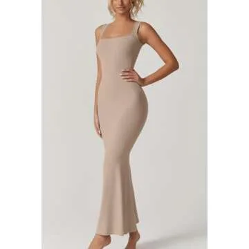 QINSEN Women's Square Neck with Lace Detail Long Maxi Dress Sleeveless Lounge Ribbed Full Length Dresses Khaki M