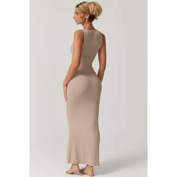 QINSEN Women's Square Neck with Lace Detail Long Maxi Dress Sleeveless Lounge Ribbed Full Length Dresses Khaki M