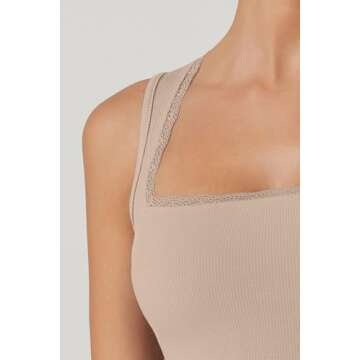 QINSEN Women's Square Neck with Lace Detail Long Maxi Dress Sleeveless Lounge Ribbed Full Length Dresses Khaki M