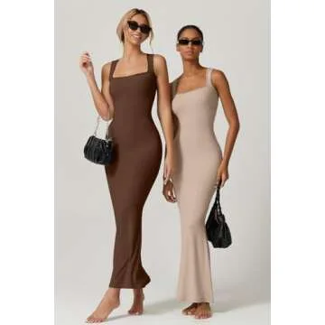 QINSEN Women's Square Neck with Lace Detail Long Maxi Dress Sleeveless Lounge Ribbed Full Length Dresses Khaki M