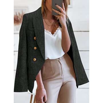 Happy Sailed Dressy Blazers for Women 2025 Classic Fall Long Sleeve Double Breasted Tweed Blazer Jackets Casual Lapel Collar Open Front Business Outfits Work Suits Professional Black Small