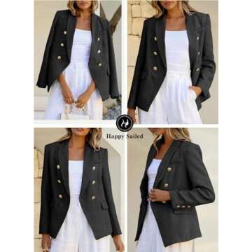 Happy Sailed Dressy Blazers for Women 2025 Classic Fall Long Sleeve Double Breasted Tweed Blazer Jackets Casual Lapel Collar Open Front Business Outfits Work Suits Professional Black Small