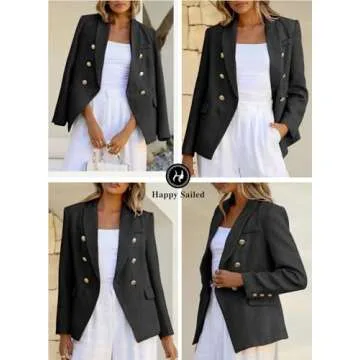 Happy Sailed Dressy Blazers for Women 2025 Classic Fall Long Sleeve Double Breasted Tweed Blazer Jackets Casual Lapel Collar Open Front Business Outfits Work Suits Professional Black Small