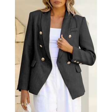 Happy Sailed Dressy Blazers for Women 2025 Classic Fall Long Sleeve Double Breasted Tweed Blazer Jackets Casual Lapel Collar Open Front Business Outfits Work Suits Professional Black Small