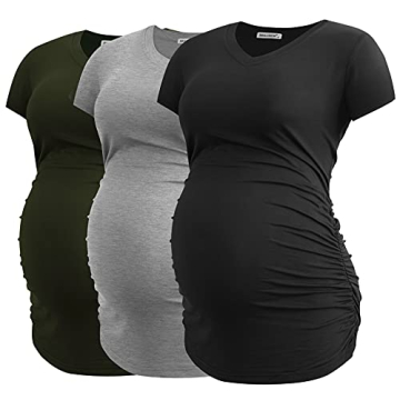 Smallshow Women's V Neck Maternity Clothes Tops Side Ruched Pregnancy T Shirt Large Army Green-Black...