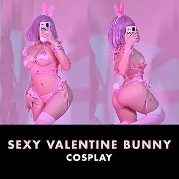 MOEFLAVOR Valentine Bunny Cosplay Lingerie w/Tail and Wrist Cuffs | Kawaii Anime Costume Reg & Plus Size (Pink, S/M)