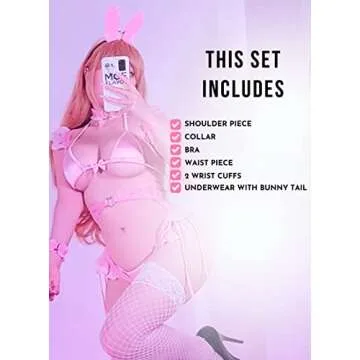 MOEFLAVOR Valentine Bunny Cosplay Lingerie w/Tail and Wrist Cuffs | Kawaii Anime Costume Reg & Plus Size (Pink, S/M)