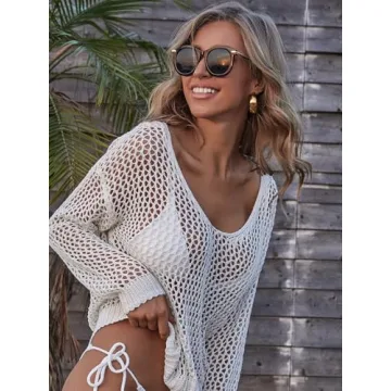 MakeMeChic Women's Long Sleeve Crochet Swim Cover Up