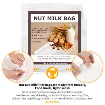 SCENGCLOS Nut Milk Bags, 12"x12", 2 Pack, Reusable Nylon Food Strainer, Multi-use Food Grade Filter for Almond Milk, Juice, Tea, Cold Brew Coffee(1x200 Micron & 1x125 Micron)