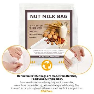SCENGCLOS Nut Milk Bags, 12"x12", 2 Pack, Reusable Nylon Food Strainer, Multi-use Food Grade Filter for Almond Milk, Juice, Tea, Cold Brew Coffee(1x200 Micron & 1x125 Micron)