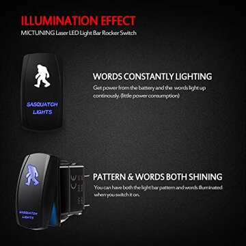 MicTuning ACSSB Laser On-Off Rocker Switch with Jumper Wire, 5 Pin, 20 Amp, 12V, LED Lights, Sasquatch Light, Blue