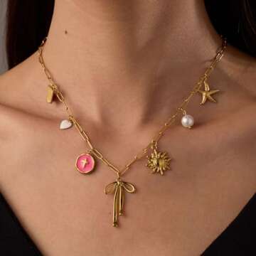 Gold Charm Necklace for Women Red Heart Cherry Strawberry Pearl Bow Cross Charms Valentines Day Gift...