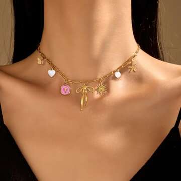 Gold Charm Necklace for Women Red Heart Cherry Strawberry Pearl Bow Cross Charms Valentines Day Gifts for Her Western Jewelry Gold Jewelry Gifts for Women