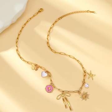 Gold Charm Necklace for Women Red Heart Cherry Strawberry Pearl Bow Cross Charms Valentines Day Gifts for Her Western Jewelry Gold Jewelry Gifts for Women