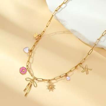 Gold Charm Necklace for Women Red Heart Cherry Strawberry Pearl Bow Cross Charms Valentines Day Gifts for Her Western Jewelry Gold Jewelry Gifts for Women